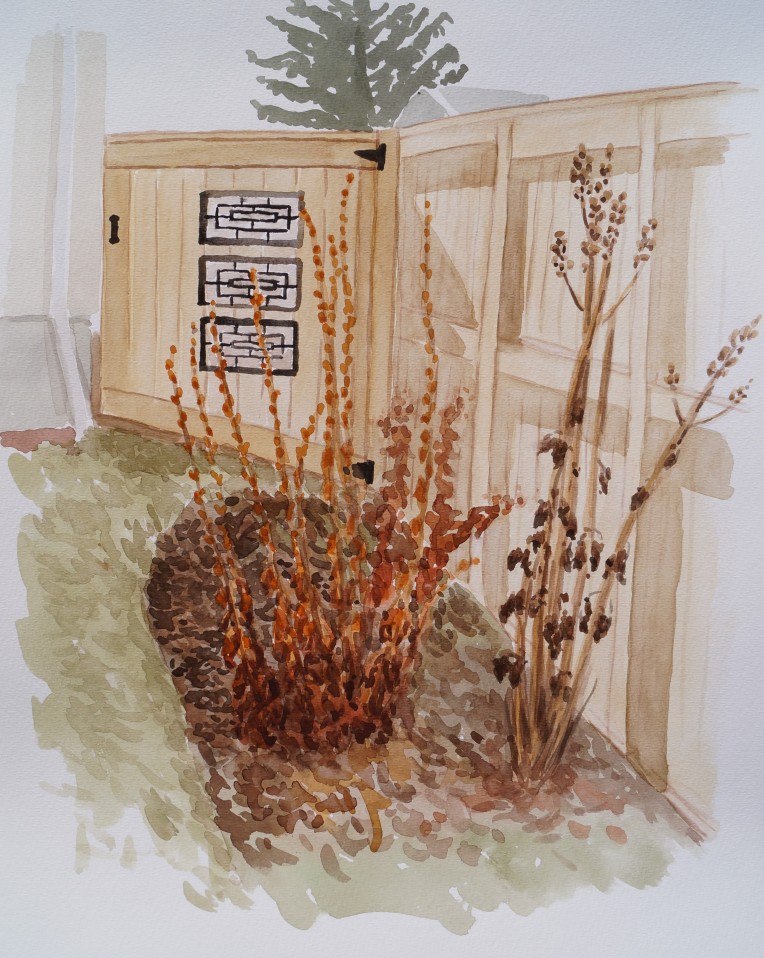 Gate and Flowerbed, Mar. 28, 2017, watercolour on paper, 11 x 14