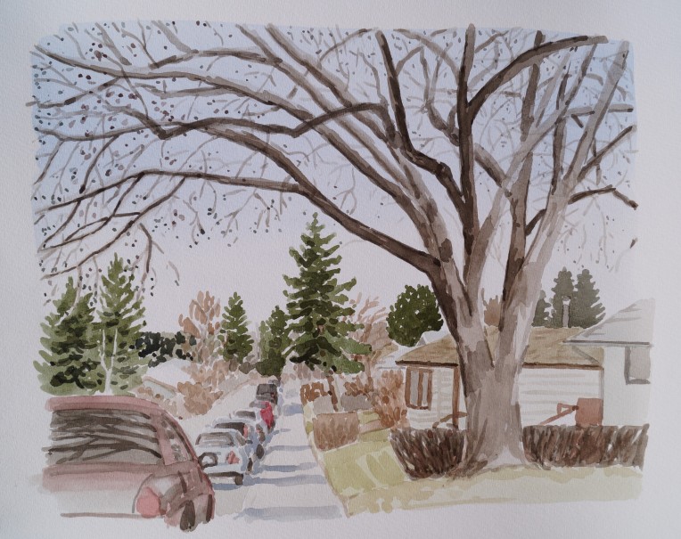 Street with Tree, Apr. 5. 2017, watercolour on paper, 11 x 14